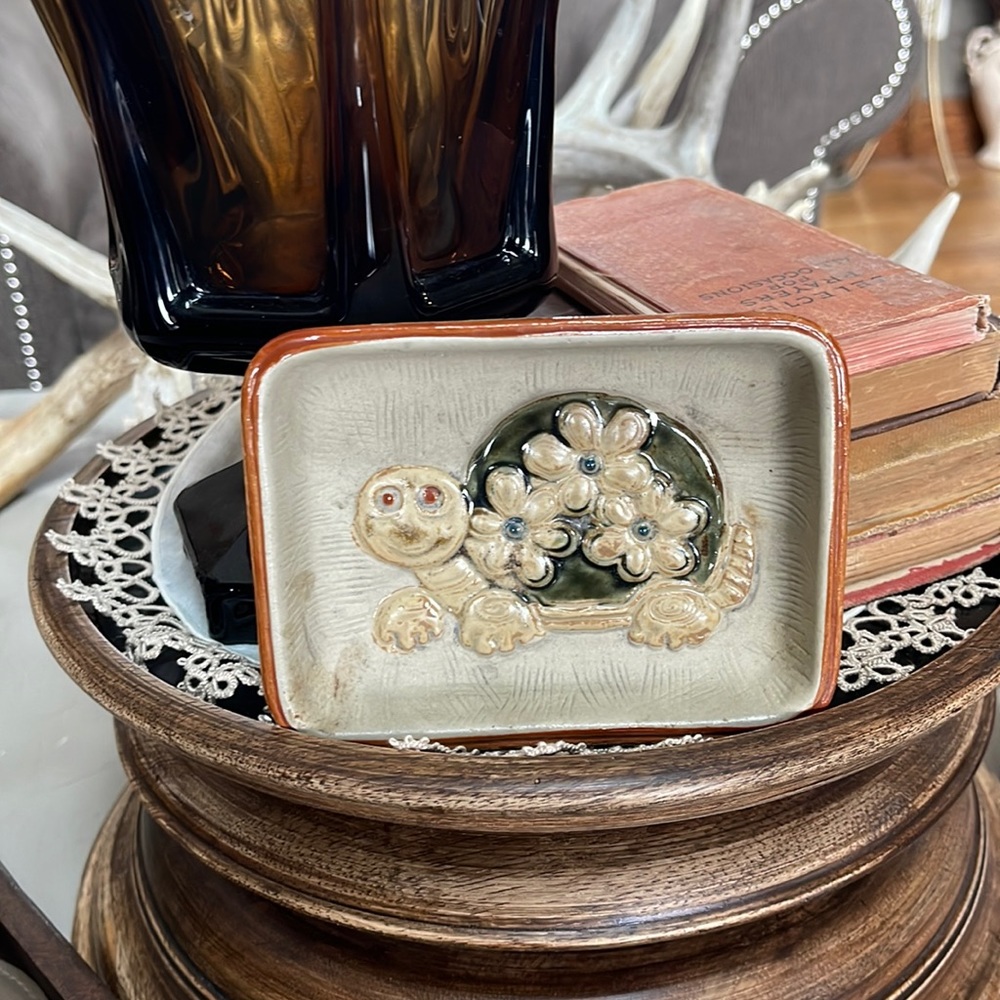 Takahashi Made In Japan Clay Flower Turtle Trinket Soap Dish MCM